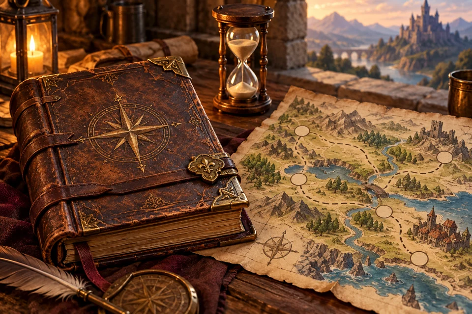 Artwork for Arisen's Ledger (quest tracker overlay, Dragon's Dogma 2), for Dragon's Dogma 2, REFramework Lua.