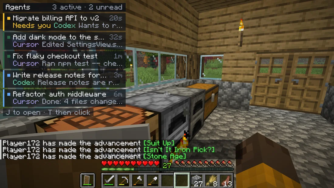 Creator screenshot showing AgentMod coding-agent sidebar in Minecraft