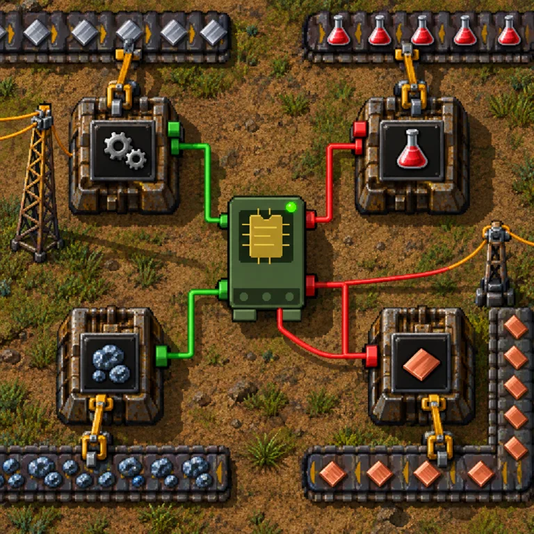 Circuit combinator connected to a busy Factorio factory