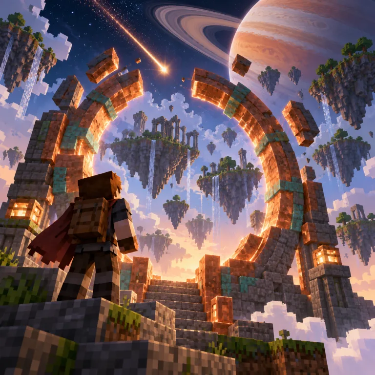 Minecraft adventurer approaching a portal to a floating sky world