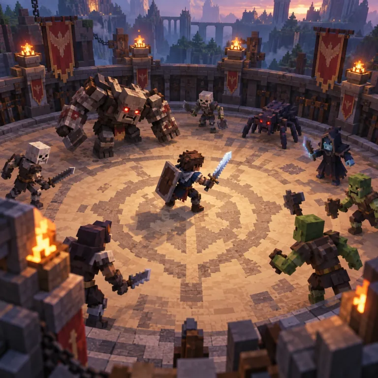 Hytale style block combat arena with multiple fighters