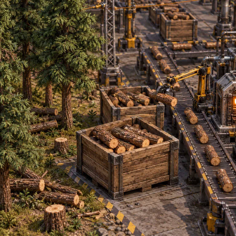 Factorio factory conveyors carrying wood toward a storage crate