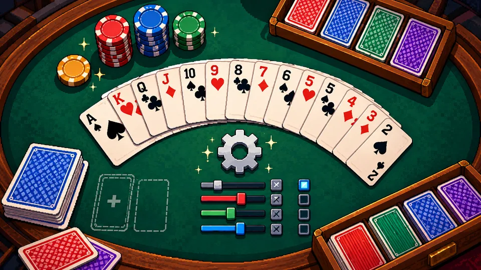 Illustrated Balatro-style cards and shop peek symbols