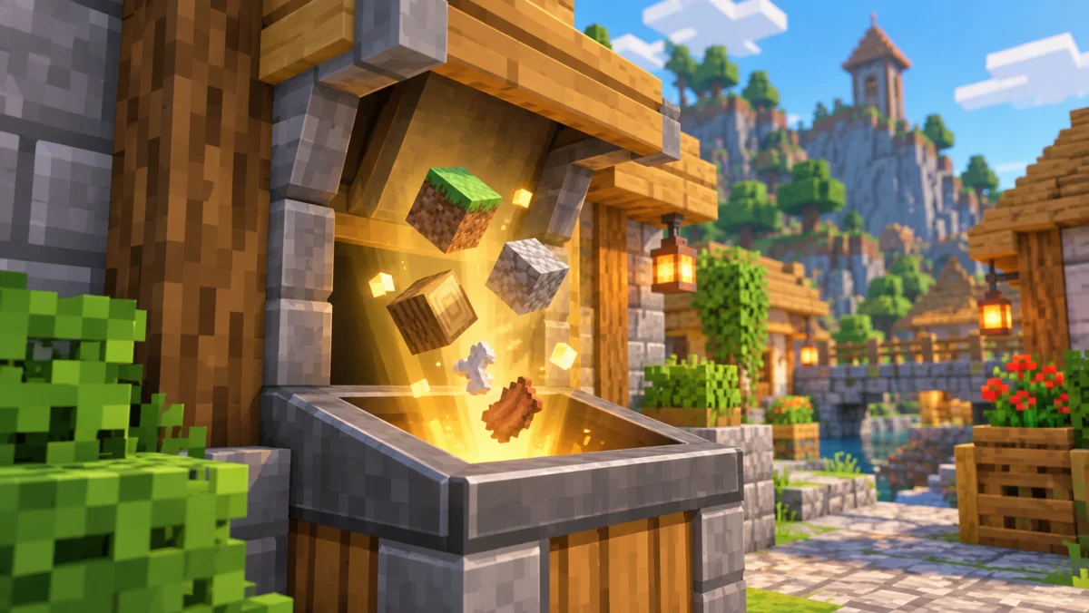 Minecraft-style inventory with a trash slot and blocks