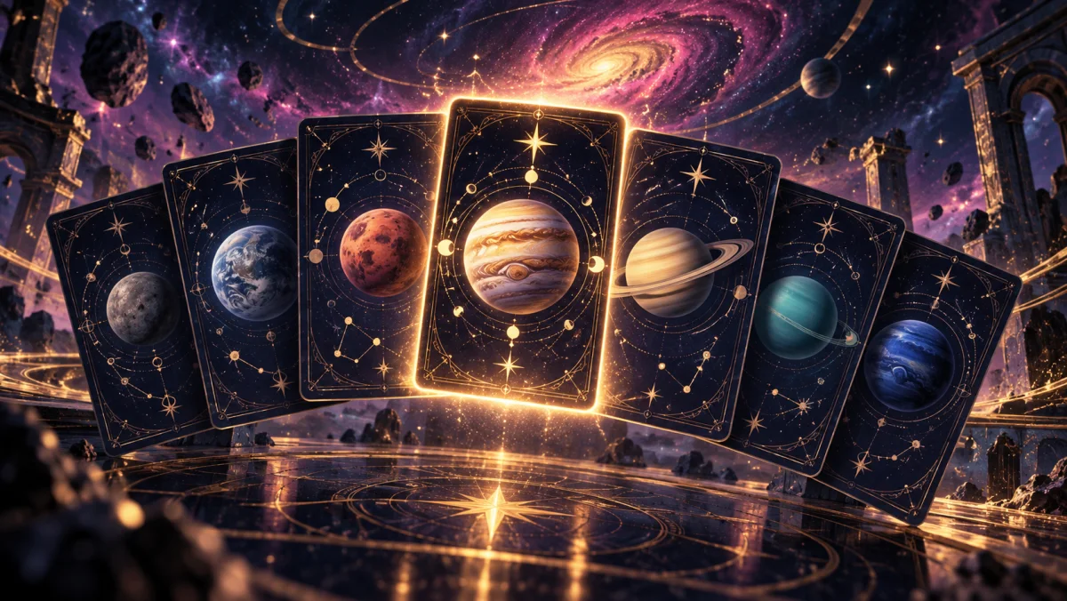 Playing cards with glowing celestial hand hint symbols