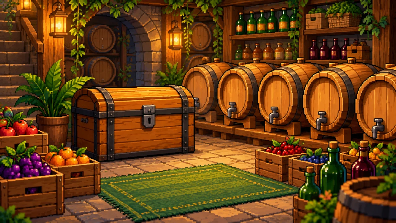 A dedicated chest beside kegs in a farming game