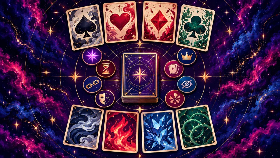 Illustrated playing cards and challenge tokens arranged around a deck