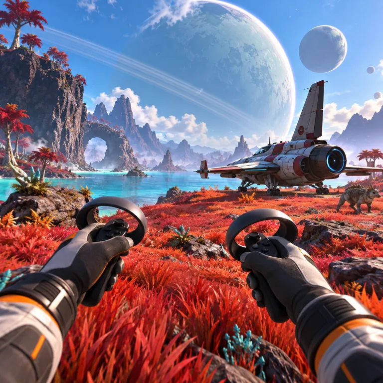 No Man’s Sky alien landscape seen through virtual reality controllers