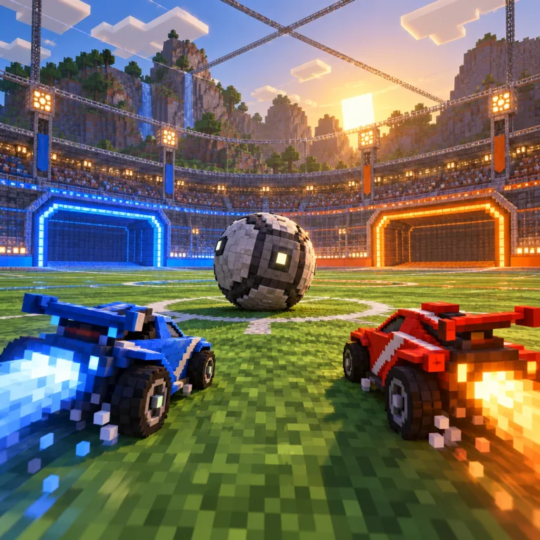 Blocky car soccer match in a Minecraft arena