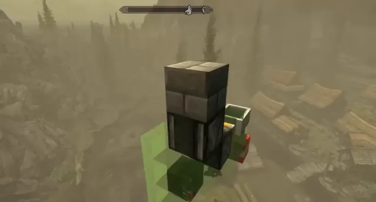 Creator gameplay frame showing a blocky TNT bomber over Skyrim
