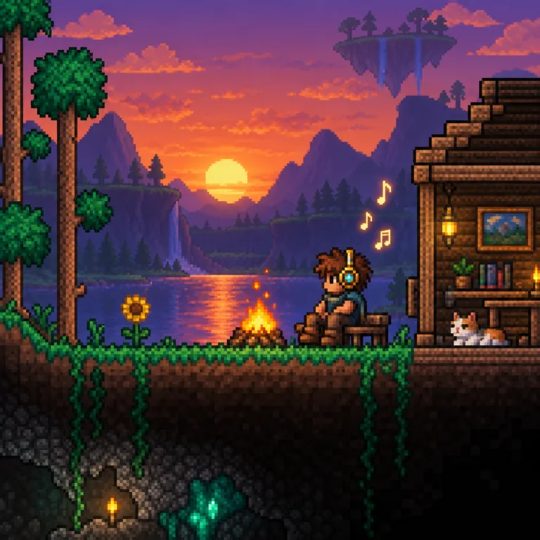 Terraria explorer listening to music while moving through a pixel landscape