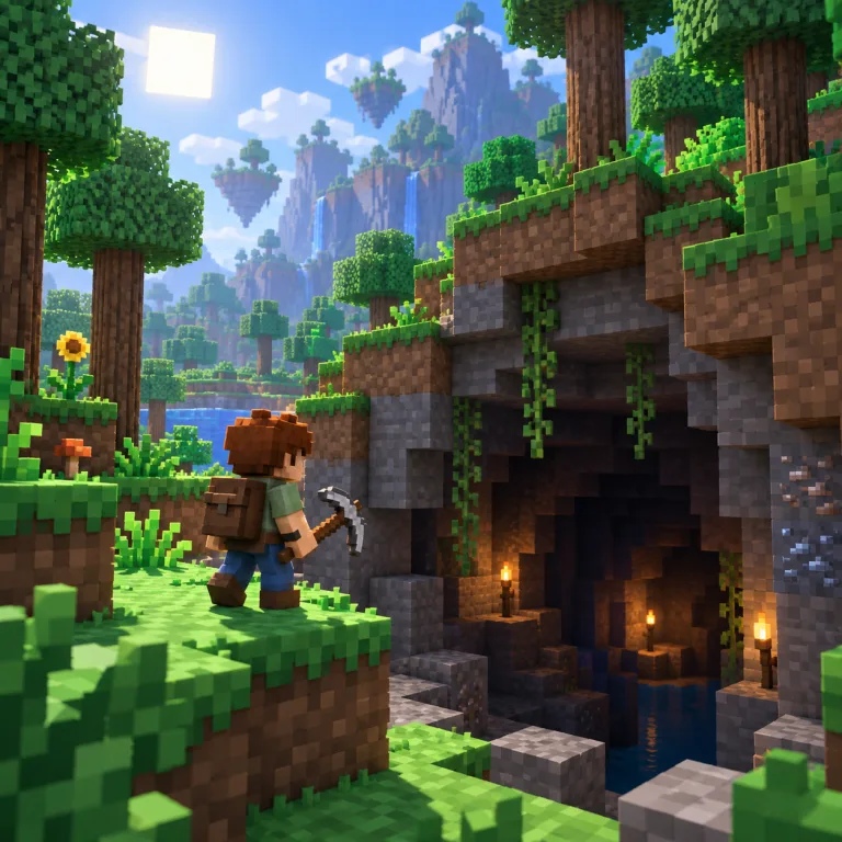 Terraria-inspired three-dimensional block landscape and adventurer