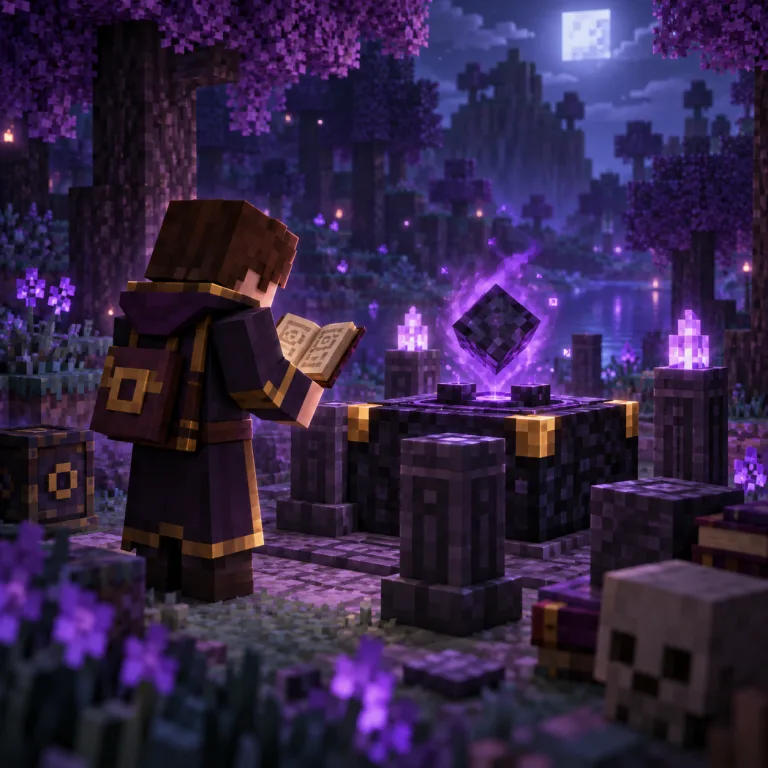 Minecraft magic workspace with glowing arcane tools