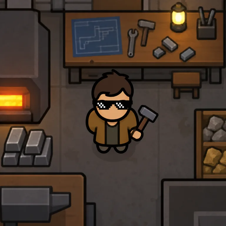 RimWorld colonist wearing dark pixel sunglasses