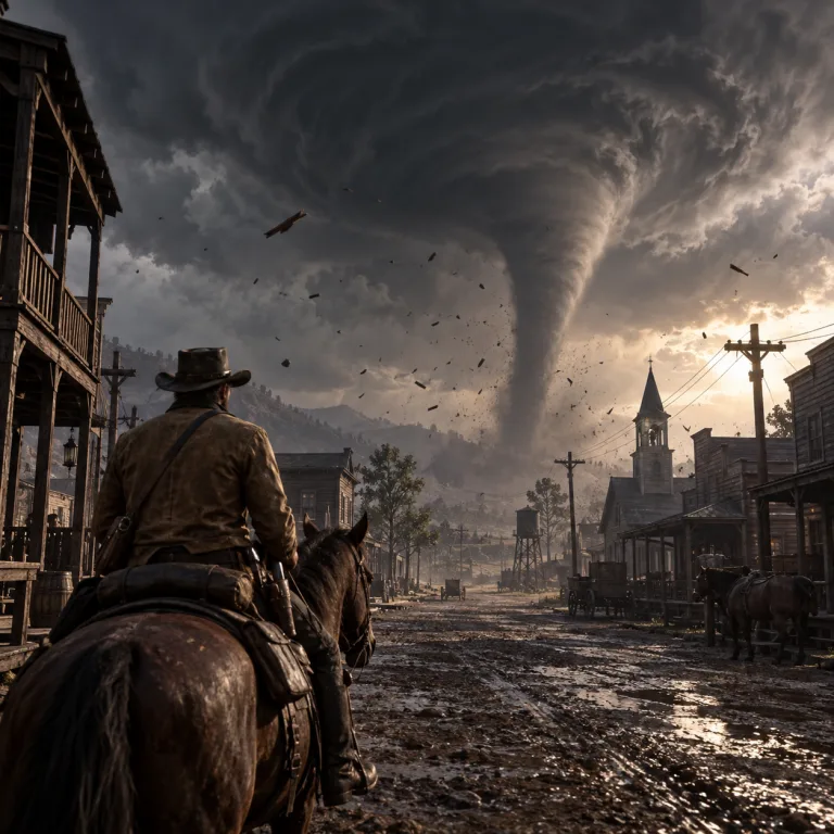 Tornado approaching a frontier town in Red Dead Redemption