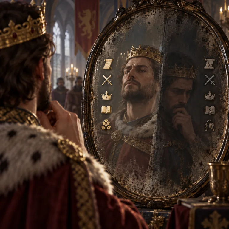 Crusader Kings III ruler studying uncertain character traits in a mirror