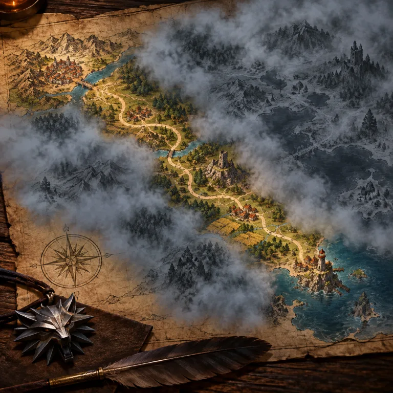 Witcher world map with a revealed path through fog of war