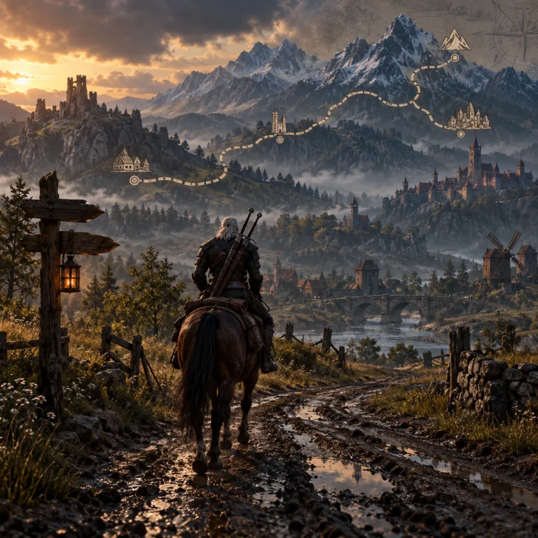 Witcher traveler following a path across a misty fantasy landscape